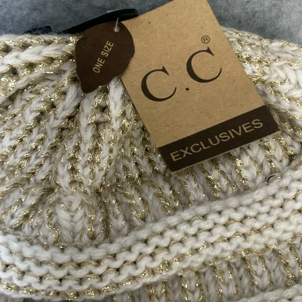 C.C Exclusives Knit Beanie Hat Cream Gold Metallic Acrylic One Size Women